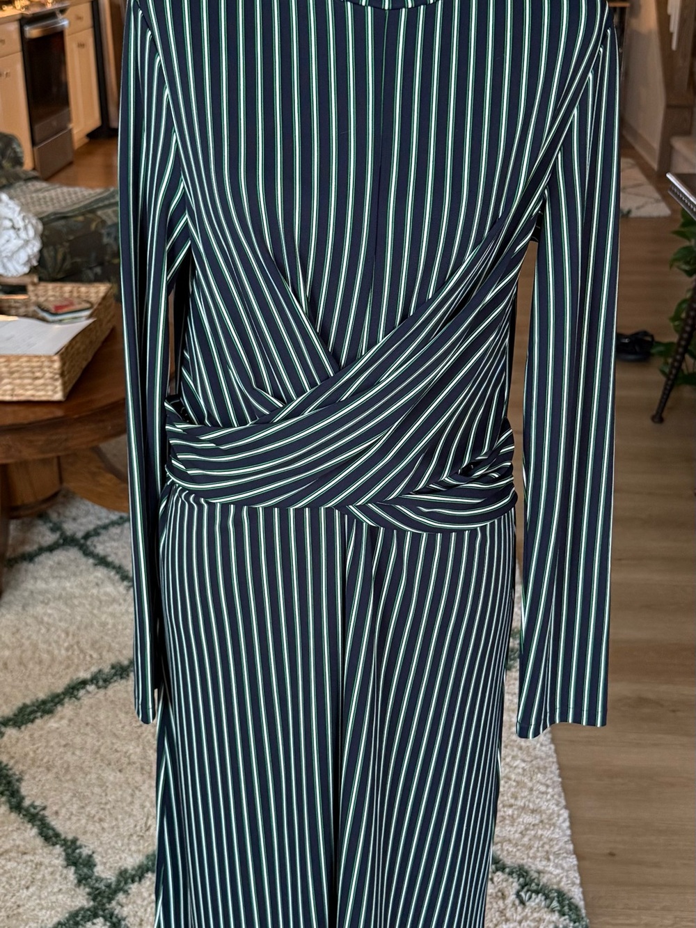 Ann Taylor Black Dress with White Pinstripes and Wrap Waist
